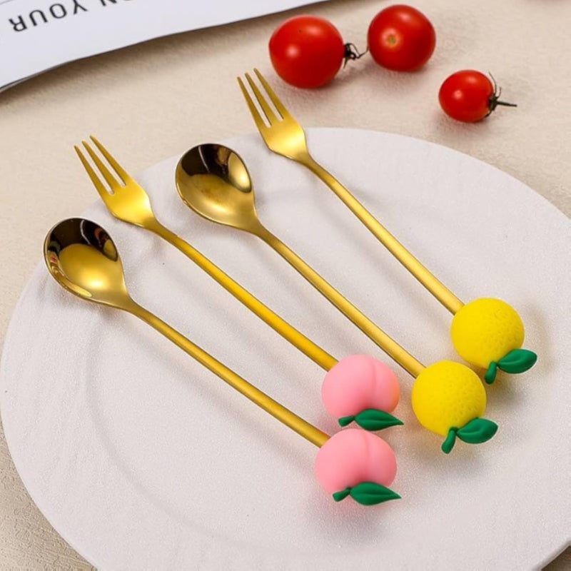 Generic Decorative Gold Cutlery Set with Fruit Designs, 6 Pieces, Stainless Steel Spoons and Forks with Silicone Peach and Lemon Accents